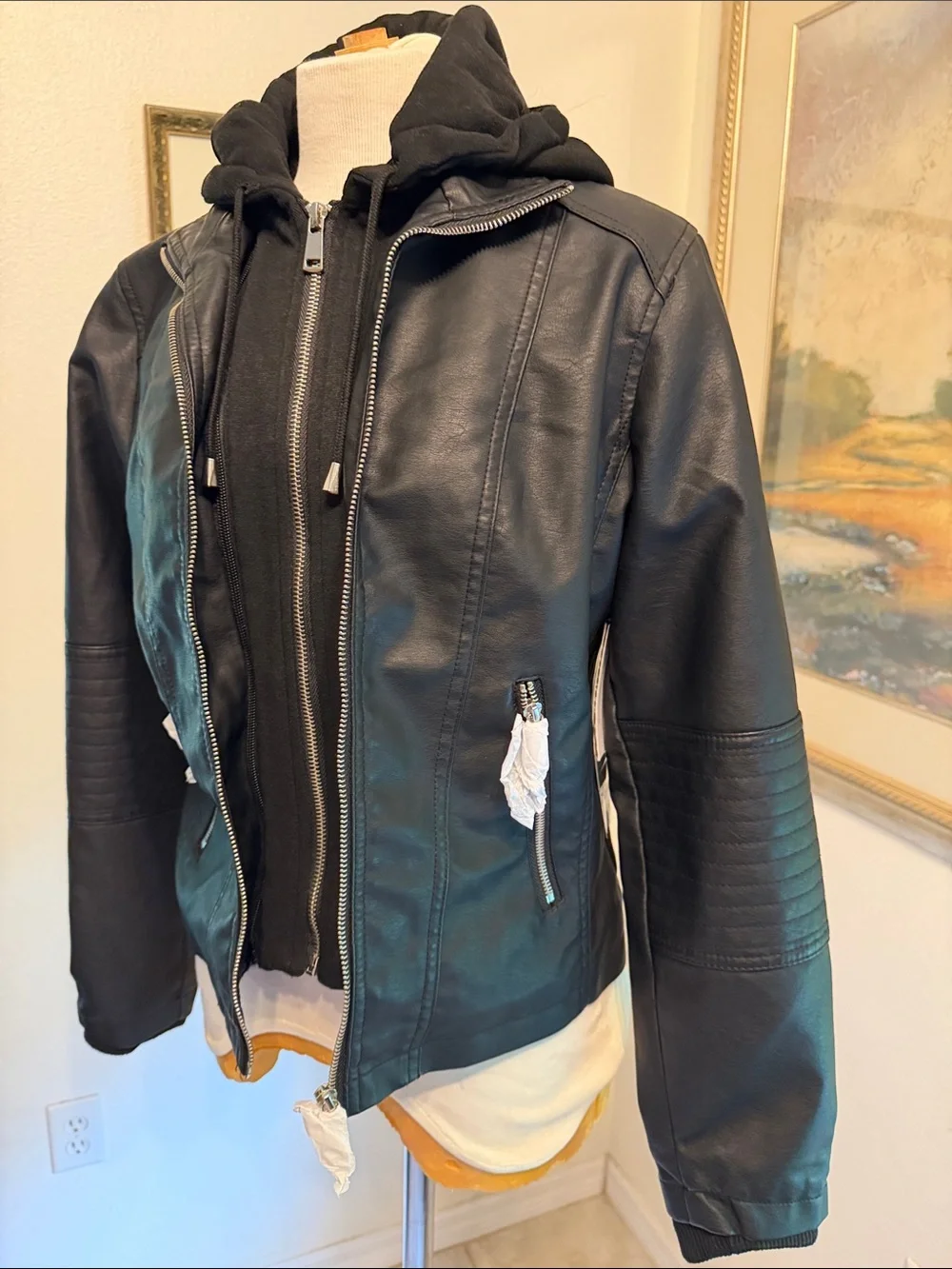 NWT Novish Collection Black Faux Leather Zip Jacket with Hoodie Layer Size MP